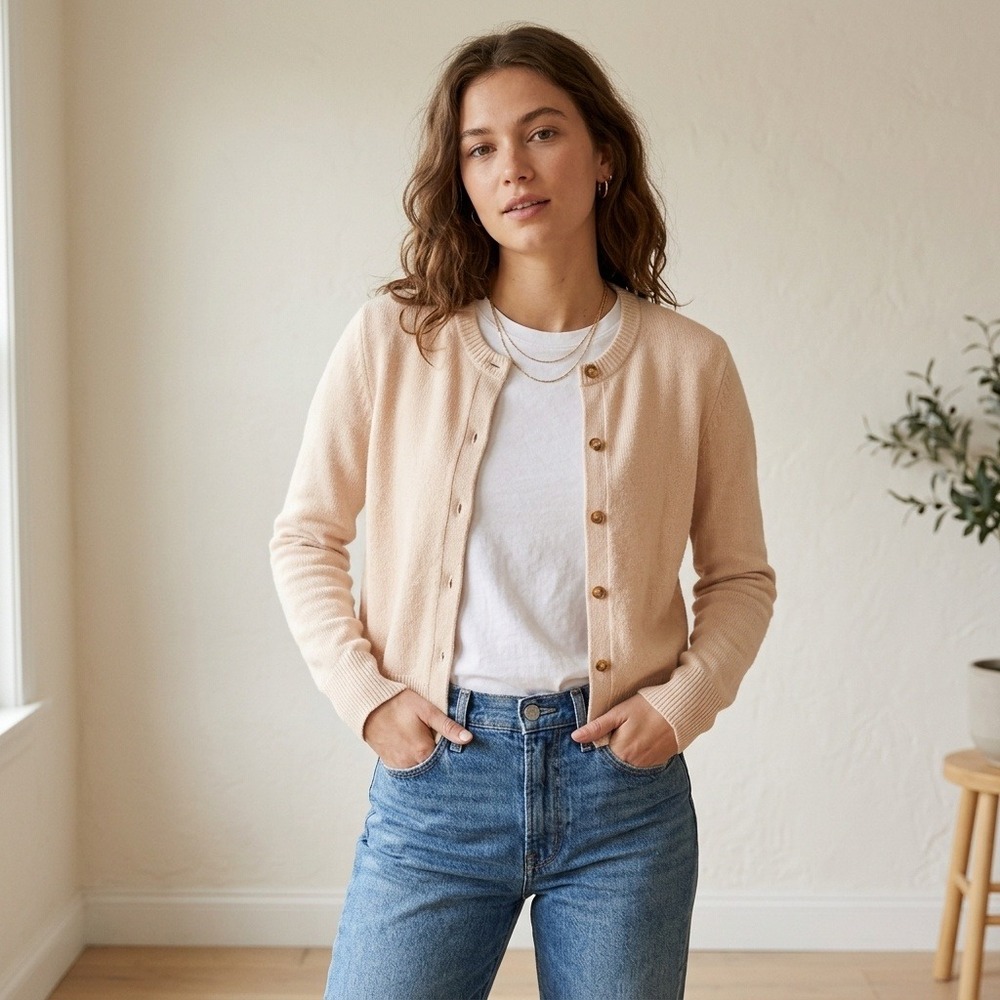 Madewell Womens Cashmere Cardigan XXL Beige Button Front Ribbed Trim Coquette